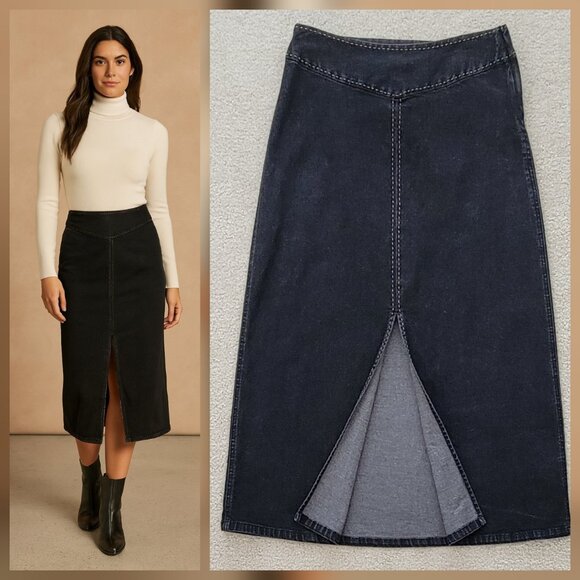 VTG Liz Claiborne Black Denim Midi Skirt Contrast Stitching and Front Slit 8P - Picture 2 of 14